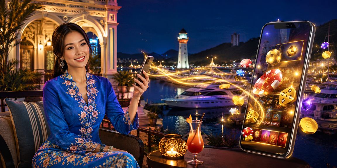 Pemain poker wanita Langkawi bermain menggunakan telefon dengan baju kurung tradisional